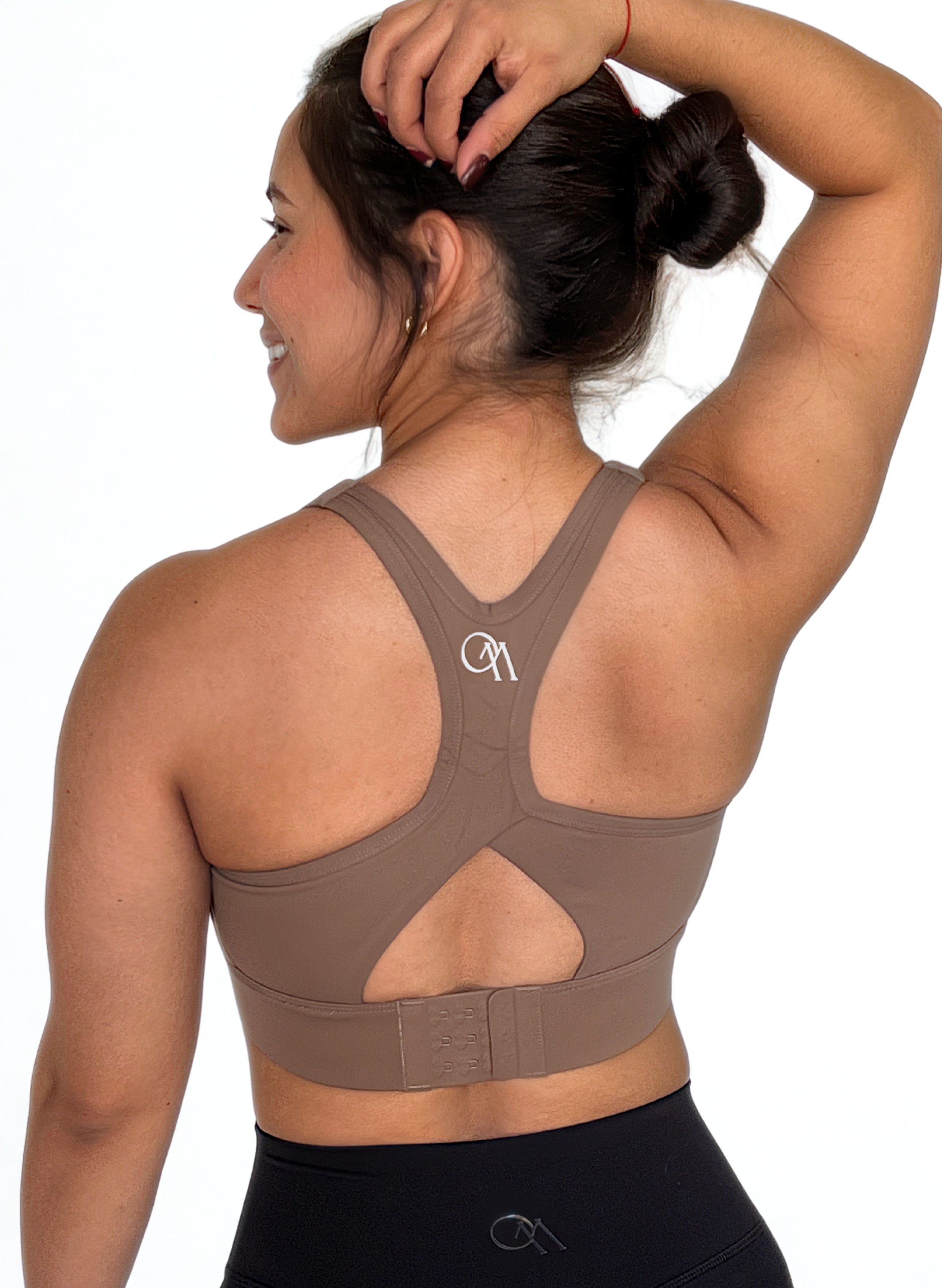 top deportivo cafe para mujer con soporte alto, ideal para entrenamiento intenso y crossfit