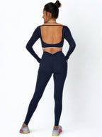 calza deportiva azul marino para mujer con control de abdomen, ideal para entrenamiento